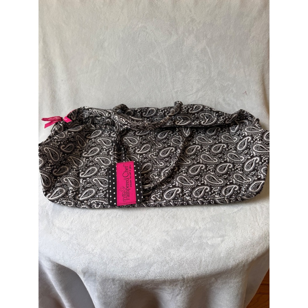 Pampered Chef Tote Bag Women OS Black White Good Paisley Polka Dot Pink Trim